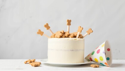 Celebratory pet birthday cake with treats on modern table, joyful occasion