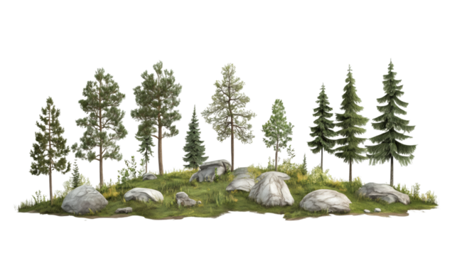 Verdant evergreen forest growing on rocky grassy terrain, translucent backdrop offering seamless design integration and compositing potential
