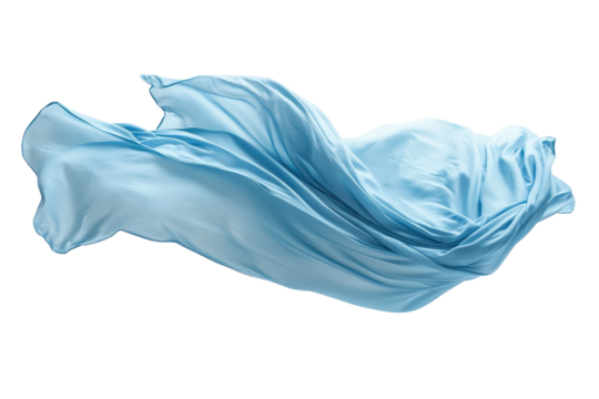 Flowing blue fabric gracefully suspended in mid-air against a clean white background isolated on transparent background