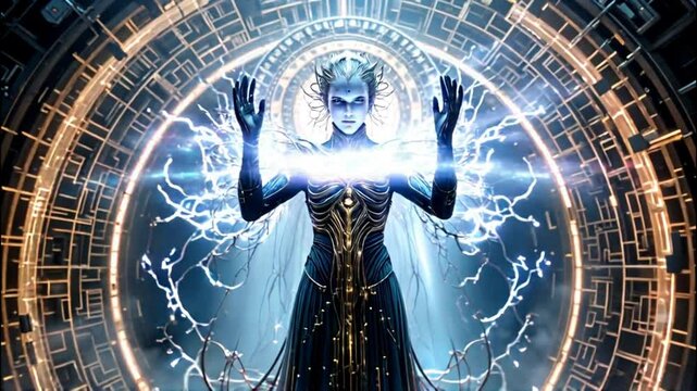 A sorcerer next to a mysterious portal. A mysterious figure hurling lightning bolts.