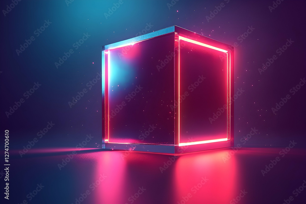 Aufkleber glowing cube design. geometric shape with neon lights. abstract digital concept. background illumina