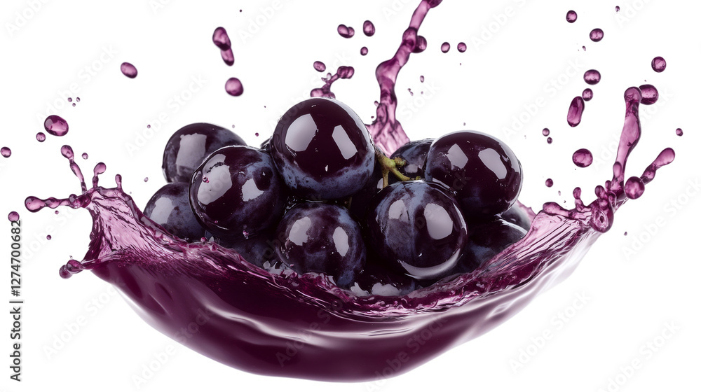 Poster ripe purple grapes splashing, creating vivid grape juice wave against transparent backdrop