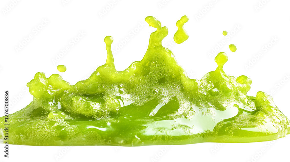 Poster green juice splashing, forming dynamic bubbles against transparent backdrop, highlighting fresh beve