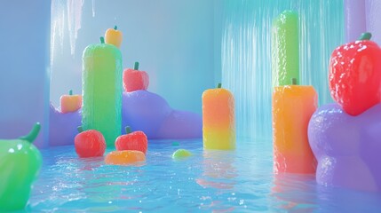 Colorful fruit-shaped structures rise from a shimmering water surface in a vibrant, surreal landscape
