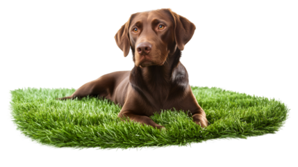 Beautiful purebred chocolate labrador retriever dog lying on a patch of green grass isolated on transparent background