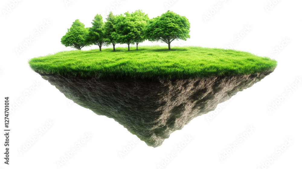 Poster Lush green grass and trees growing on a floating island with a transparent background, perfect for environmental concepts