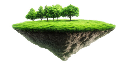 Lush green grass and trees growing on a floating island with a transparent background, perfect for environmental concepts