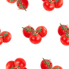 Hand-Painted Watercolor Red Tomatoes on Vine Seamless Pattern on White