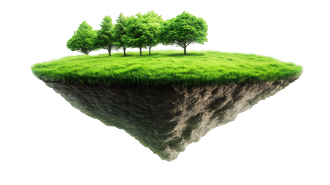 Lush green grass and trees growing on a floating island with a transparent background, perfect for environmental concepts