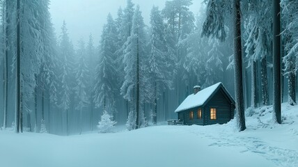 Naklejka premium Snowy cabin surrounded by tall trees in a tranquil winter landscape.