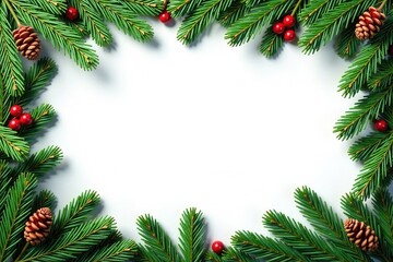 Dense fir branches intertwined with pine cones in a festive border design, rustic, tree