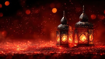 Festive lanterns glow on red background, Ramadan celebration