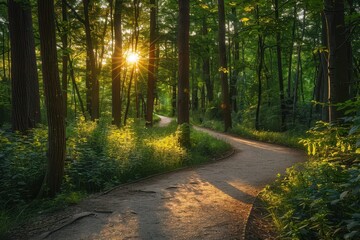 Obraz premium Forest pathway illuminated by the golden glow of the setting sun creates a serene atmosphere in the woods near a winding trail