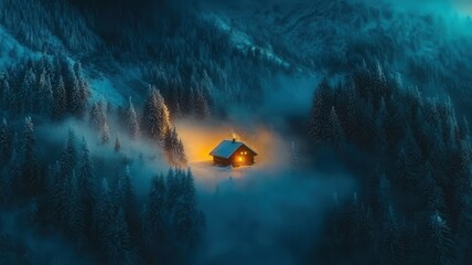 Fototapeta premium Cozy cabin glowing in foggy, snow-covered forest at night.