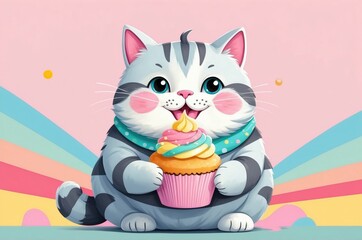 Minimalist fantasy whimsical domestic cute cartoon cat animal with pastel color background 
illustration texture design.