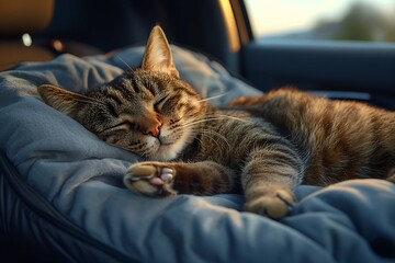 Naklejka premium A striped tabby cat resting on a soft cushion inside a car, bathed in golden sunset light