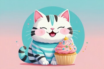 Minimalist fantasy whimsical domestic cute cartoon cat animal with pastel color background 
illustration texture design.