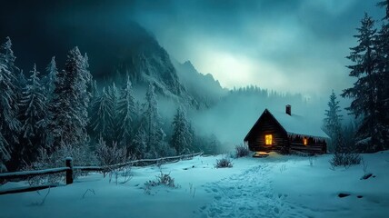 Snowy cabin landscape under a moody sky with distant mountains.