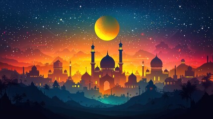 Obraz premium Night cityscape, Middle Eastern architecture, desert, moonlit sky, Ramadan greeting