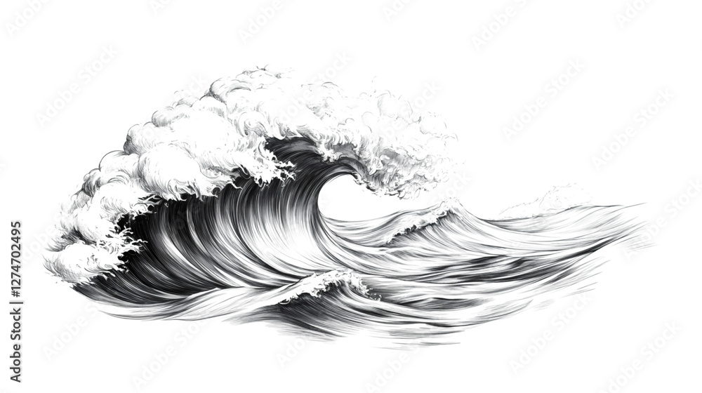 Poster massive ocean wave cresting, breaking dramatically with white foam against transparent backdrop, ide