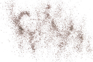 Ground poppy seeds flying, isolated on white background, macro 