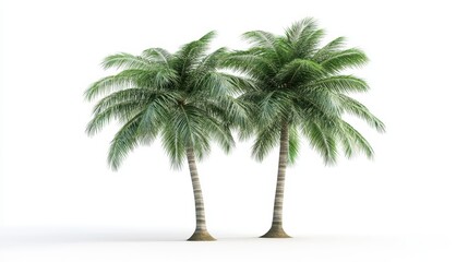 Fototapeta premium Two lush green palm trees isolated on white background with vibrant leaves
