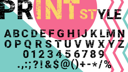 Grunge alphabet, screen print font. Textured letters, numbers and symbols, unique design typography