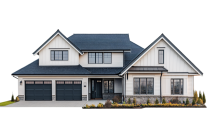 Large, modern, two-story suburban house with a transparent background, showcasing contemporary residential architecture and design