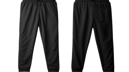 A pair of black jogger sweatpants with an elastic waistband and cuffed ankles, front and back view, isolated on a white background.