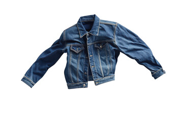 Floating denim jacket captured in an artistic display against a minimalist white backdrop isolated on transparent background
