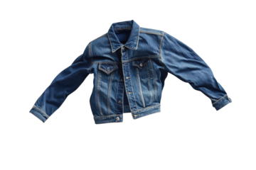 Floating denim jacket captured in an artistic display against a minimalist white backdrop isolated on transparent background