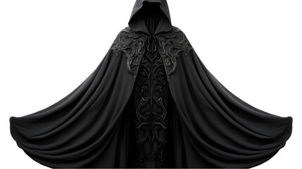 Naklejka premium A mysterious black hooded cloak with intricate gothic embroidery, isolated on a white background, symbolizing fantasy, mystery, and medieval elegance.