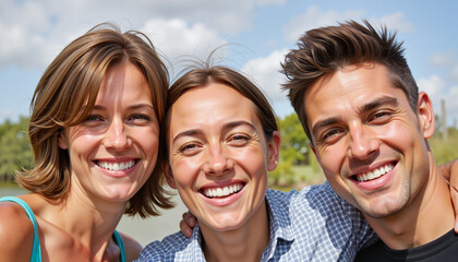 Fototapeta premium Joyful friends smiling together by the lake, celebration of friendship