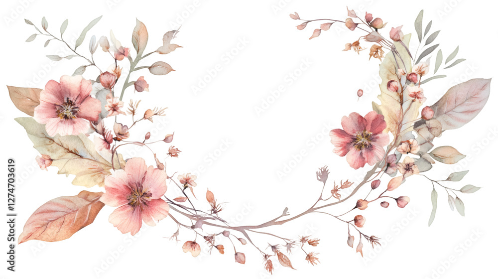 Poster soft pink blossoms intertwining, forming graceful floral wreath with open oval center on transparent
