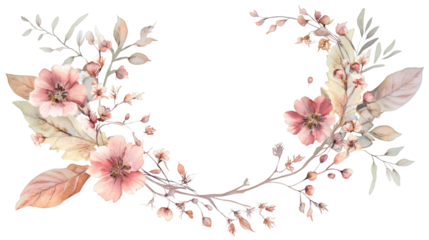 Soft pink blossoms intertwining, forming graceful floral wreath with open oval center on transparent backdrop for customizable design placement
