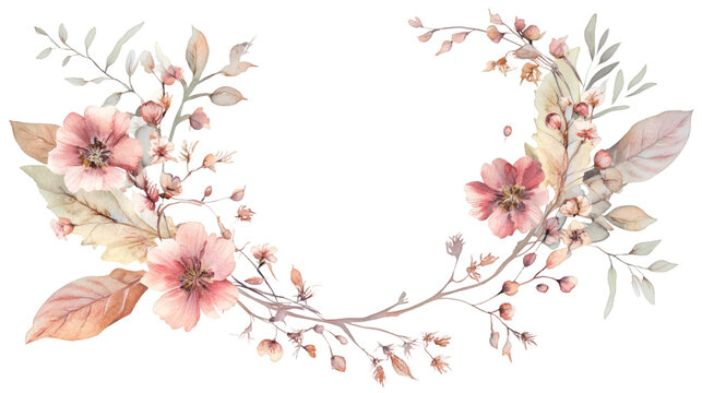 Soft pink blossoms intertwining, forming graceful floral wreath with open oval center on transparent backdrop for customizable design placement