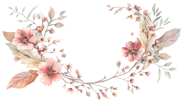 Soft pink blossoms intertwining, forming graceful floral wreath with open oval center on transparent backdrop for customizable design placement