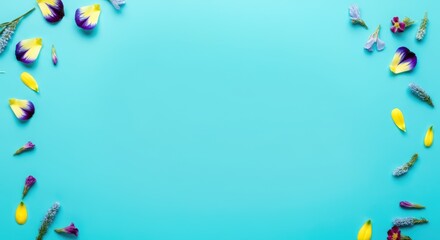 Obraz premium Bright spring flowers arranged in border on blue background