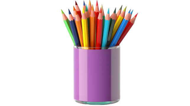 A collection of multicolored wooden pencils arranged in a stylish purple pencil holder, isolated on a white background.