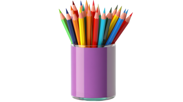 A collection of multicolored wooden pencils arranged in a stylish purple pencil holder, isolated on a white background.