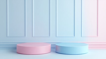 Two-tiered empty pastel podium in blush pink and pastel blue hues 