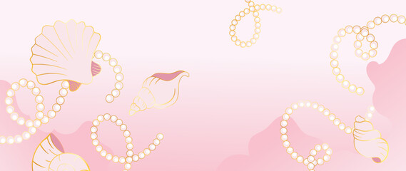 Vector background of golden seashells and pearls. Natural shells and strands of pearls are done in a minimal pale pink color with a gold line. Design for fabric, print, cover, banner, decoration, wall