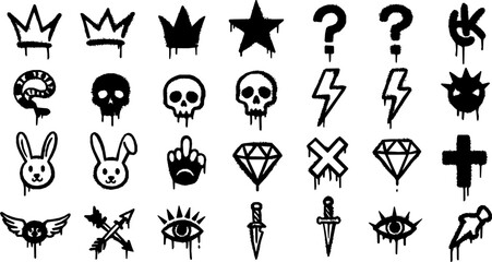 Graffiti grunge spray paint, street ink art. Vector skull, crown, dead smile emoji and peace symbol spray paint and ink graffiti. Hand drawn arrow, winged heart, eye and arrow grunge street art