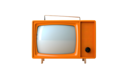 Vintage orange retro television with antenna and wooden legs, isolated on white background, classic old-fashioned TV set