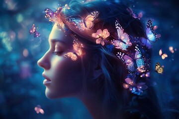 enchanted garden portrait of young woman with flowing hair adorned with luminous butterflies and bioluminescent flowers at twilight