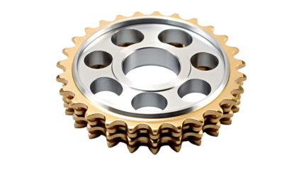 Dual-tone metal sprocket gear with precision-cut teeth and circular holes, isolated on white background, industrial mechanical component