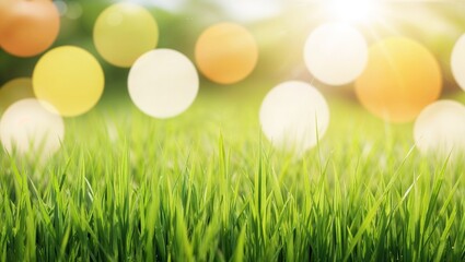 Obraz premium A bright field of grass in vivid green hues with bokeh lights.