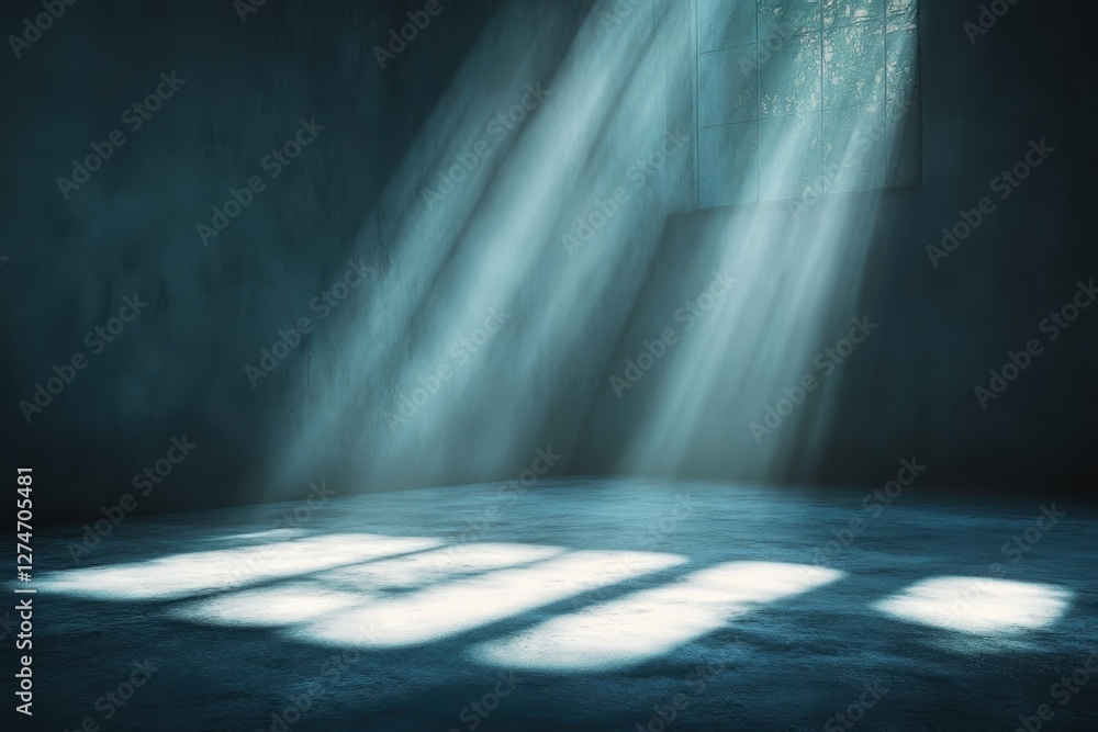 Poster light beams streaming through a window in a dark and empty room at dusk