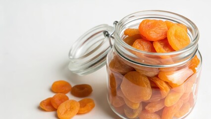 Dried Apricots in Glass Jar on White Background