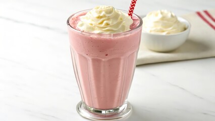 Pink milkshake with whipped cream in glass on white background